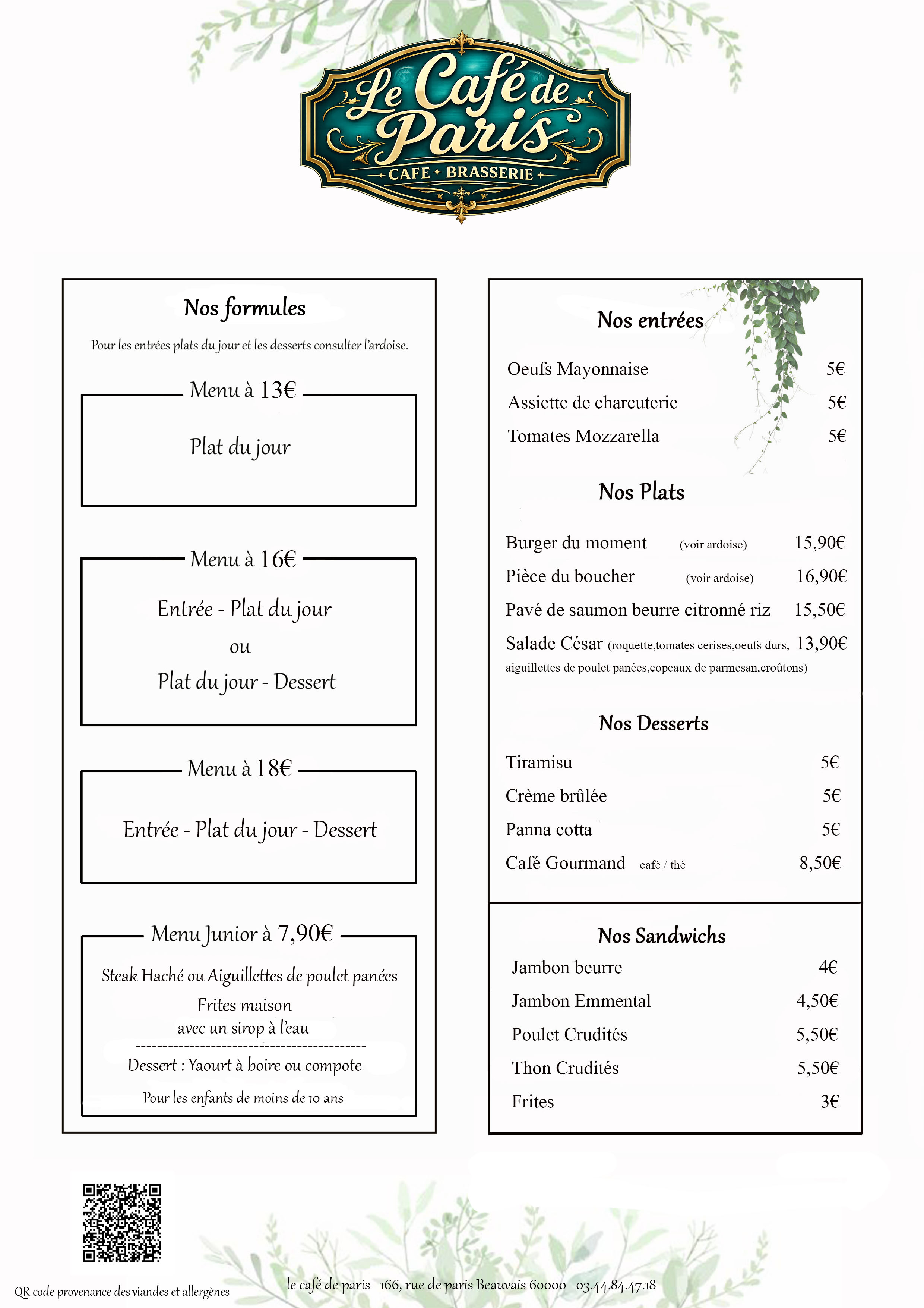 Carte du Café de Paris